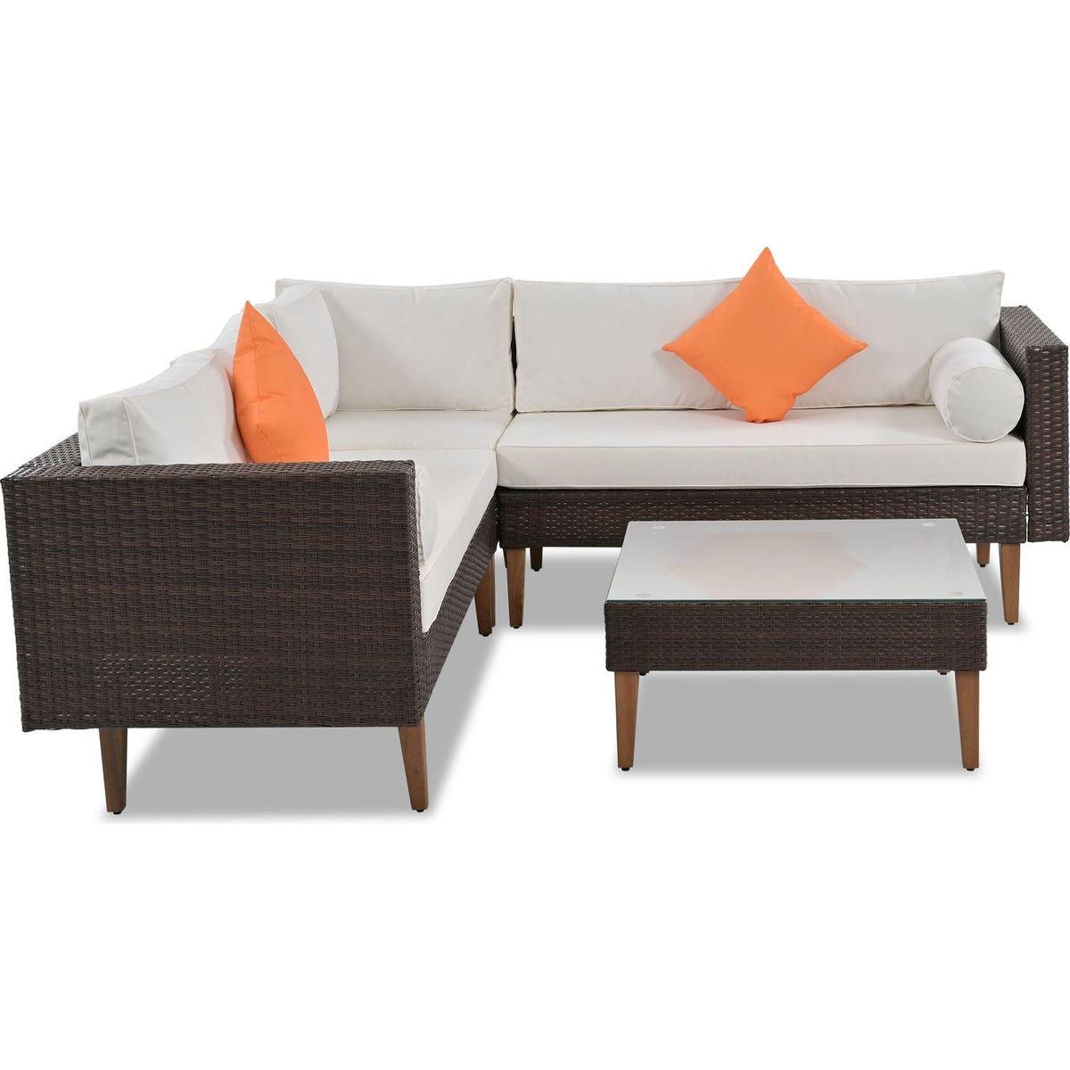 GO 4-pieces Outdoor Wicker Sofa Set, Patio Furniture with Colorful Pillows, L-shape sofa set, Beige cushions and Brown Rattan