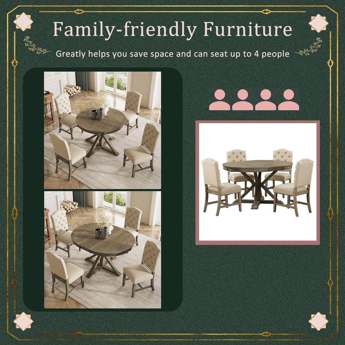 Functional Furniture Retro Style Dining Table Set with Extendable Table and 4 Upholstered Chairs for Dining Room and Living Room (Natural Wood Wash)