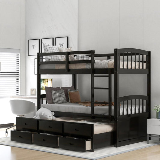 Twin over Twin Wood Bunk Bed with Trundle and Drawers, Espresso - Streamdale Furniture