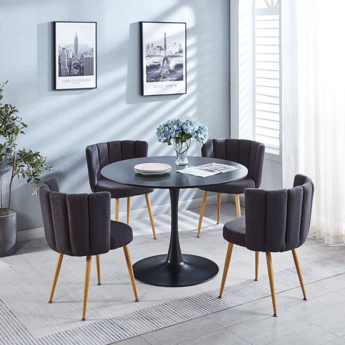 Modern GRAY dining chair (set of 2) with iron tube wood color legs, shorthair cushions and comfortable backrest, suitable for dining room, living room, cafe, simple structure.