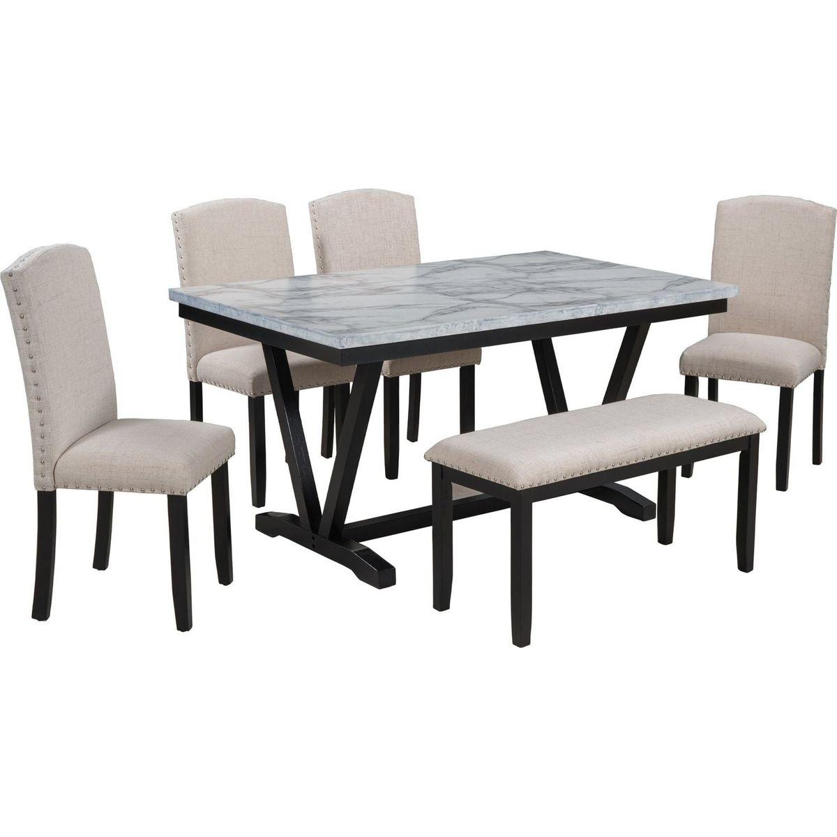 Modern Style 6-piece Dining Table with 4 Chairs & 1 Bench, Table with Marbled Veneers Tabletop and V-shaped Table Legs (White)