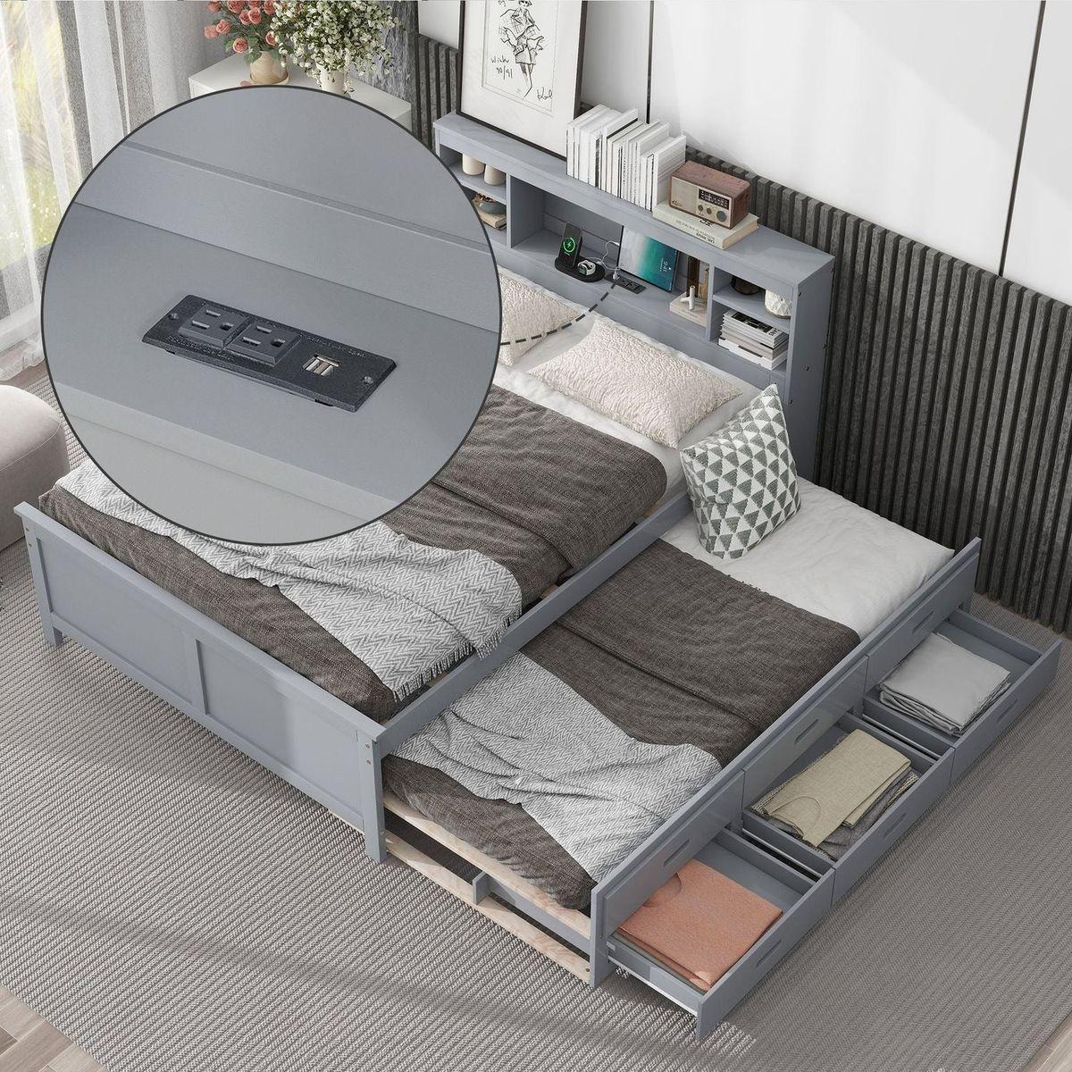 Full Size Platform Bed with Storage Headboard, USB, Twin Size Trundle and 3 Drawers, Gray