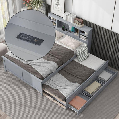 Full Size Platform Bed with Storage Headboard, USB, Twin Size Trundle and 3 Drawers, Gray