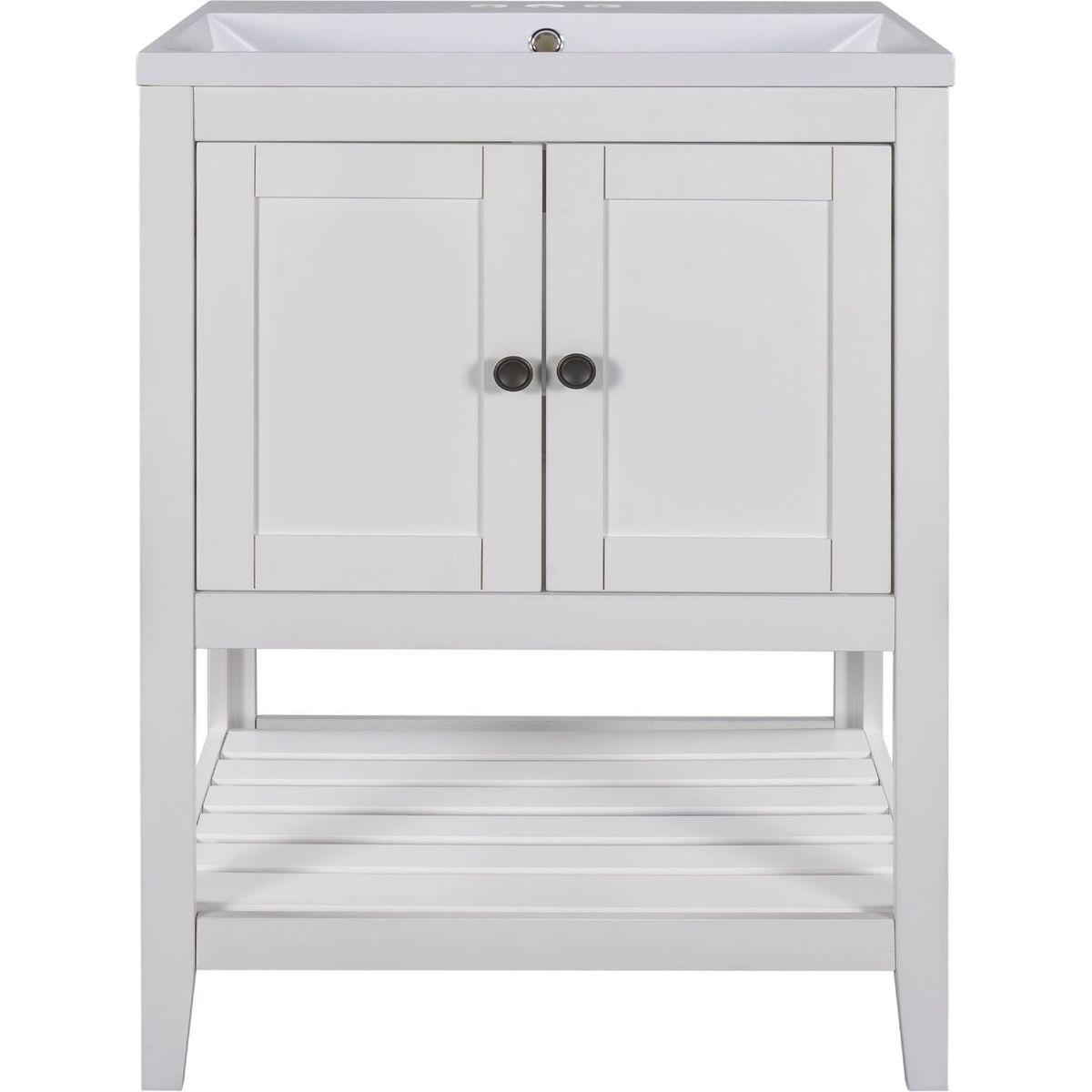 24" White Modern Sleek Bathroom Vanity Elegant Ceramic Sink with Solid Wood Frame Open Style Shelf