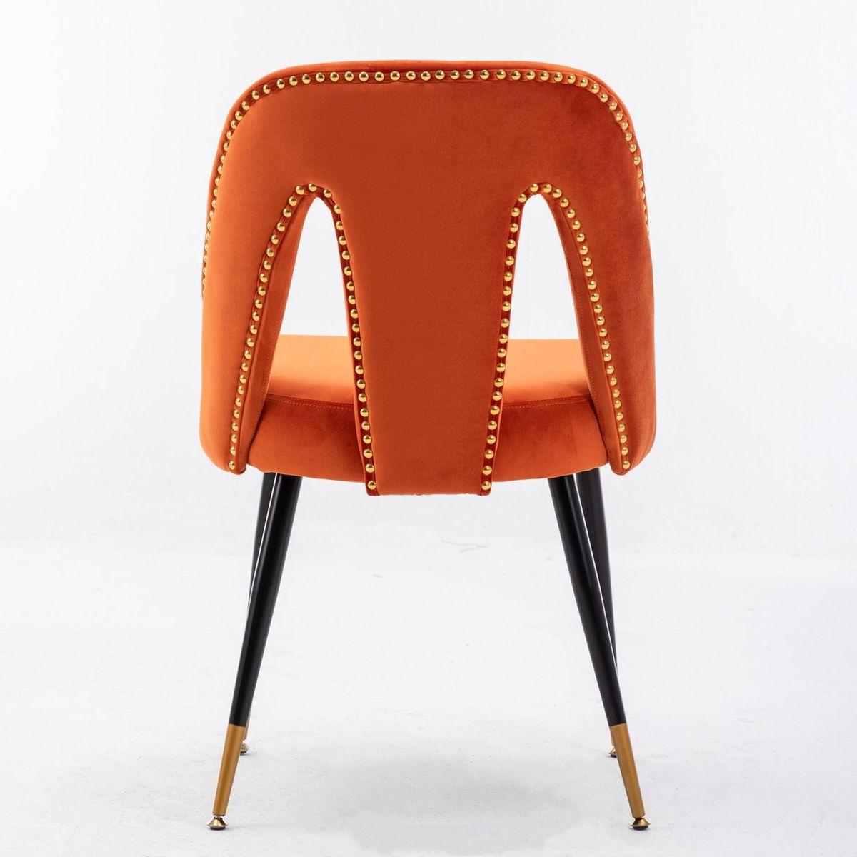 Akoya Collection Modern Contemporary Velvet Upholstered Dining Chair with Nailheads and Gold Tipped Black Metal Legs, Orangeet of 2