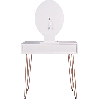 Dressing Table White Vanity Set with 3-Color Dimmable Lighted Mirror Makeup Desk with 2 Drawers and Yellow Padded Stool