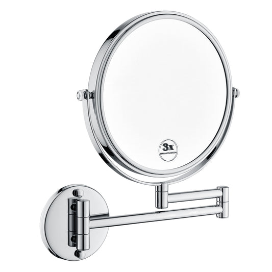 8 Inch LED Wall Mount Two-Sided Magnifying Makeup Vanity Mirror 12 Inch Extension Chrome Finish 1X/3X Magnification Plug 360 Degree Rotation Waterproof Button Shaving Mirror