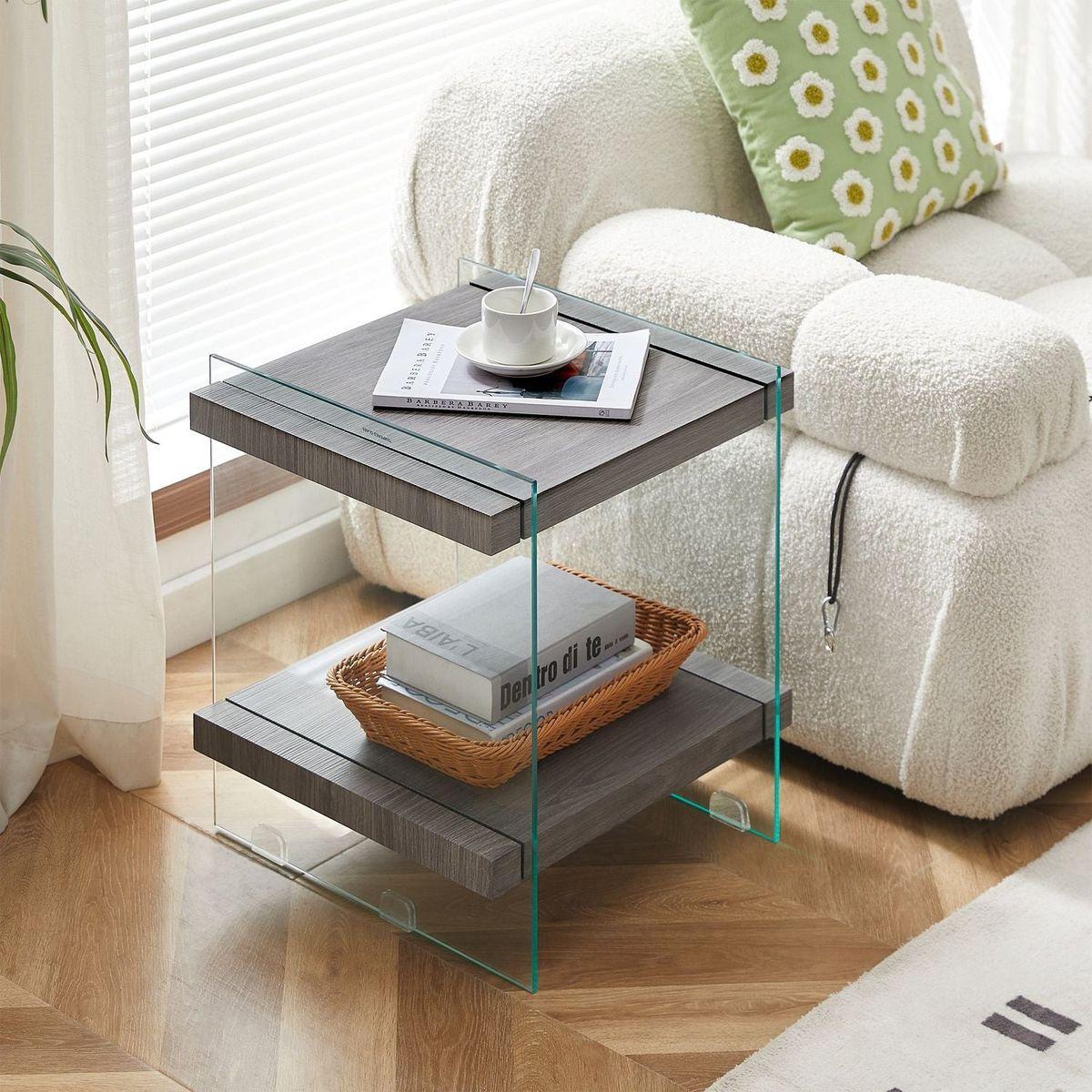 17.72" Sleek and Sturdy Tempered Glass Leg Side Table with Dual MDF Shelves, Modern nightstand end table for living roon, bedroom, transparent/brown