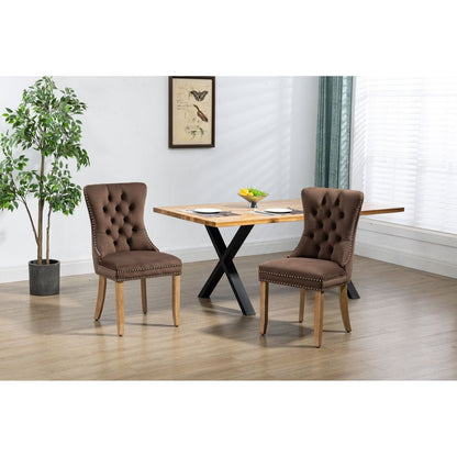 Upholstered Button Tufted Back Brown Velvet Dining Chair with Nailhead Trim and Brushed Solid Wood Legs 2 Sets