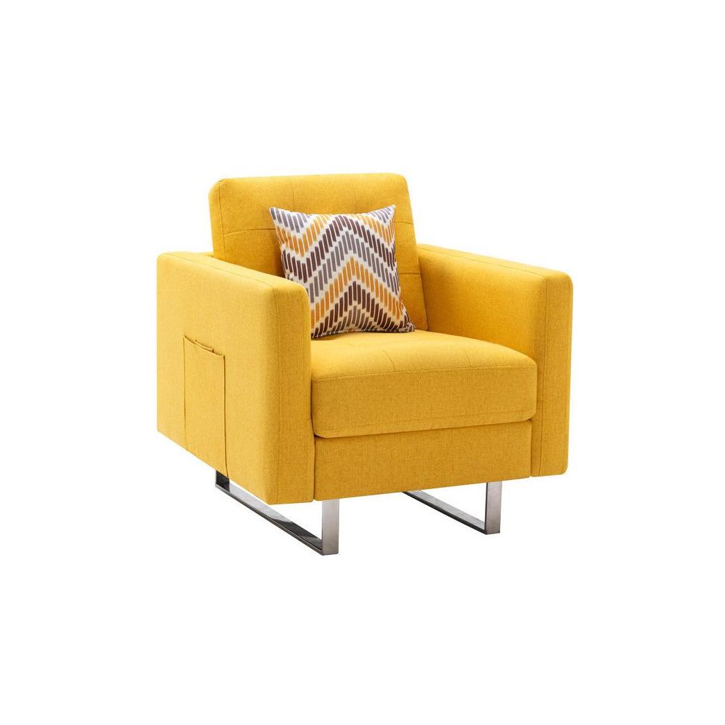 Victoria Yellow Linen Fabric Armchair with Metal Legs, Side Pockets, and Pillow