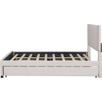 Queen Size Upholstered Platform Bed with 2 Drawers and 1 Twin XL Trundle, Classic Headboard Design, Beige