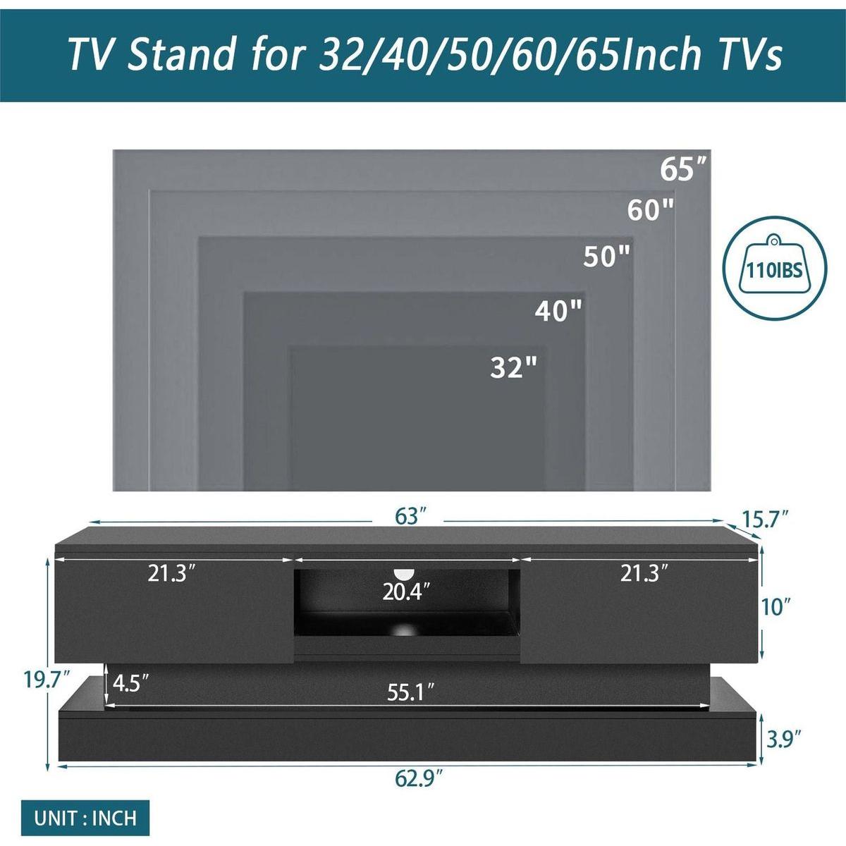 63inch BLACK morden TV Stand with LED Lights,high glossy front TV Cabinet,can be assembled in Lounge Room, Living Room or Bedroom,color:BLACK