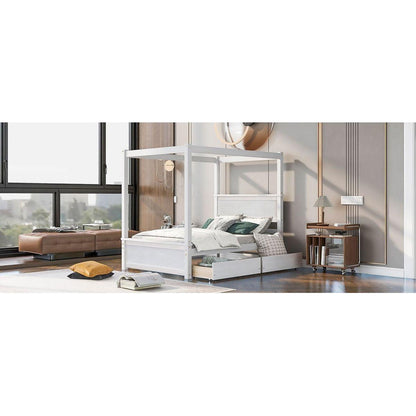 Wood Canopy Bed with two Drawers, Full Size Canopy Platform bed With Support Slats .No Box Spring Needed, Brushed White