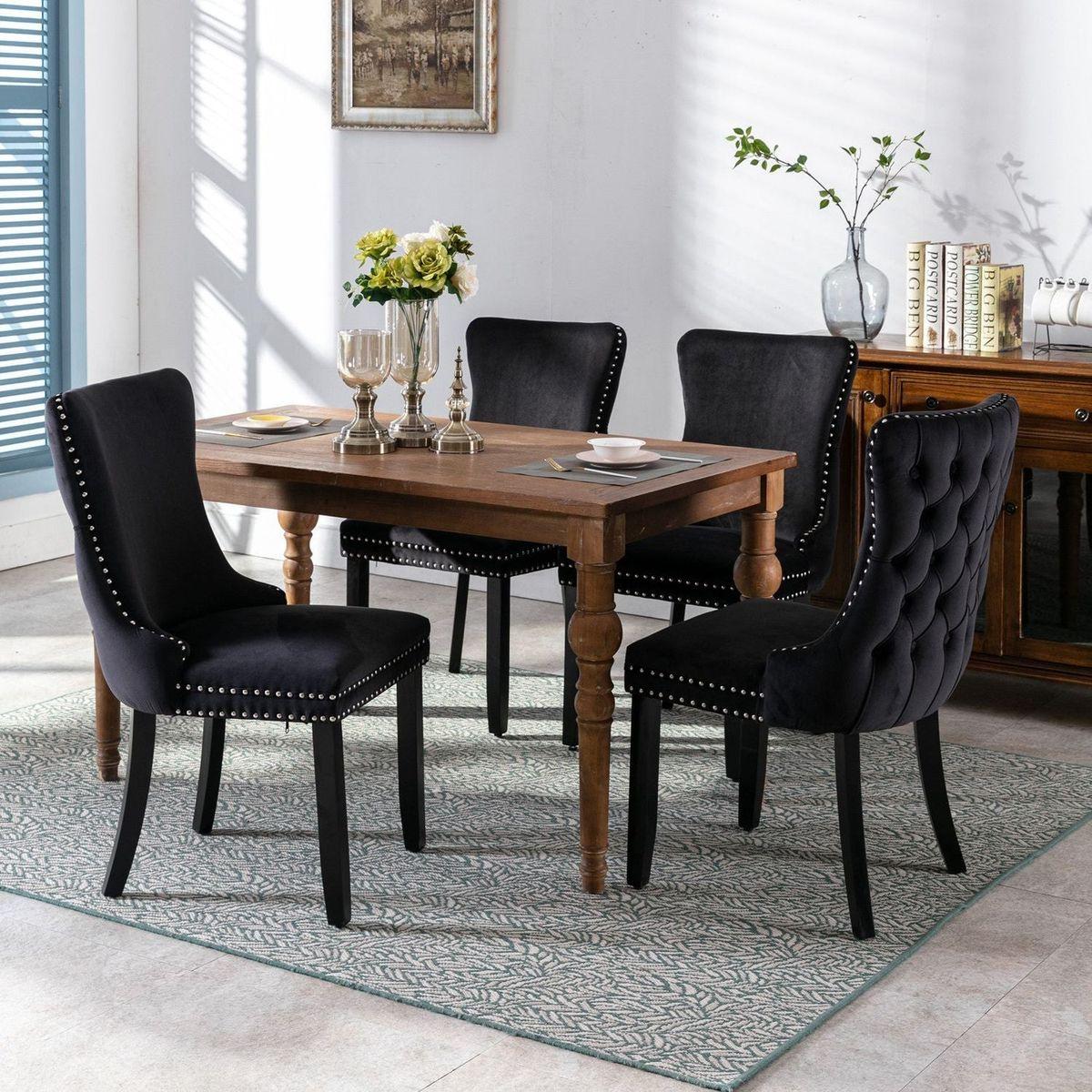 Upholstered Wing-Back Dining Chair with Backstitching Nailhead Trim and Solid Wood Legs, Set of 2, Black, 8809BK, KD