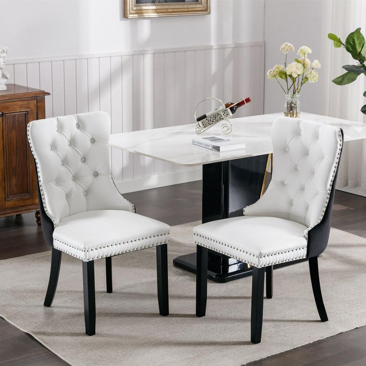 Nikki Collection Modern, High-end Tufted Solid Wood Contemporary PU and Velvet Upholstered Dining Chair with Wood Legs Nailhead Trim 2-Pcs Set White+Black