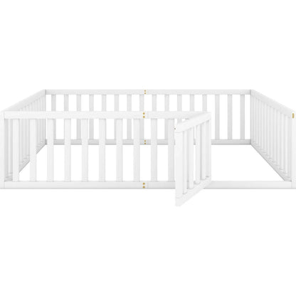 Queen Size Wood Floor Bed Frame with Fence and Door, White