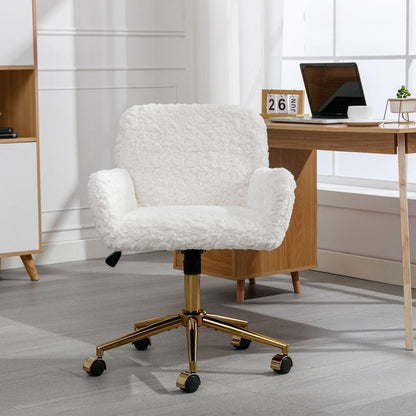 Office Chair, Artificial rabbit hair Home Office Chair with Golden Metal Base, Adjustable Desk Chair Swivel Office Chair, Vanity Chair (Beige)