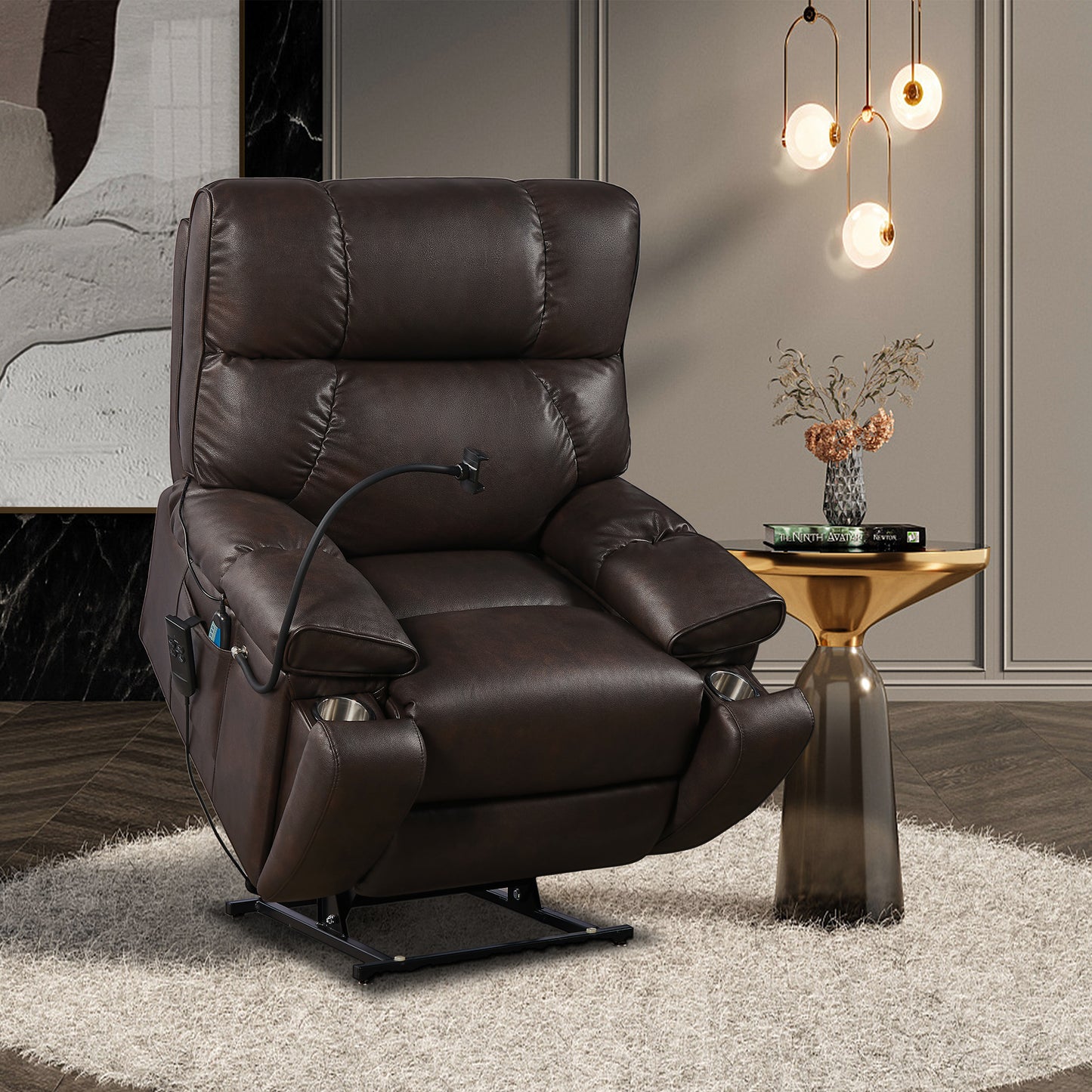 Recliner Chair with Phone Holder, Electric Power Lift Recliner Chair with 2 Motors Massage and Heat for Elderly, 3 Positions, 2 Side Pockets, Cup Holders