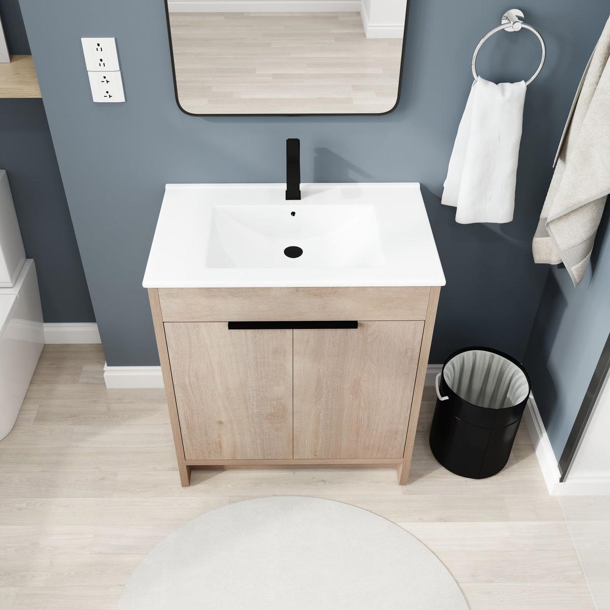 30 Inch Freestanding Bathroom Vanity with White Ceramic Sink & 2 Soft-Close Cabinet Doors