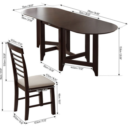 Retro Drop-Leaf Table with Spacious Tabletop Small Drawer Rubber wood 4 PCS Upholstered Dining Chair with Backrest for Small Space Kitchen Cream and Dark Cappuccino