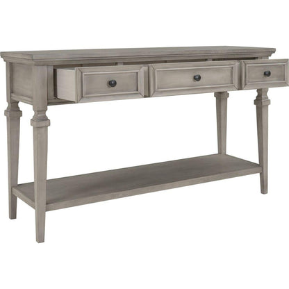 Classic Retro Style Console Table with Three Top Drawers and Open Style Bottom Shelf, Easy Assembly (Gray Wash)