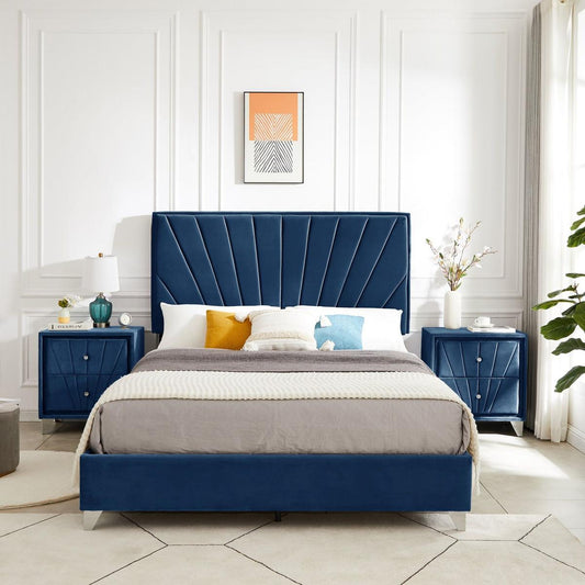 Queen bed with two nightstands, Beautiful line stripe cushion headboard, strong wooden slats + metal legs with Electroplate