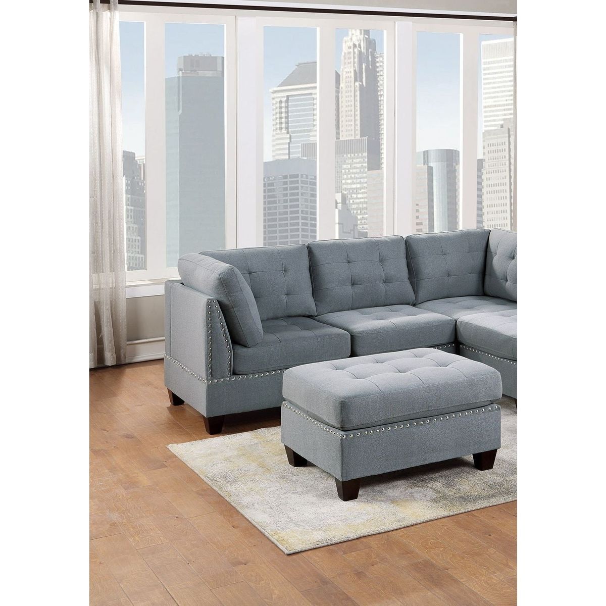 Modular Sectional 6pc Set Living Room Furniture L-Sectional Gray Linen Like Fabric Tufted Nail heads 2x Corner Wedge 2x Armless Chairs and 2x Ottomans