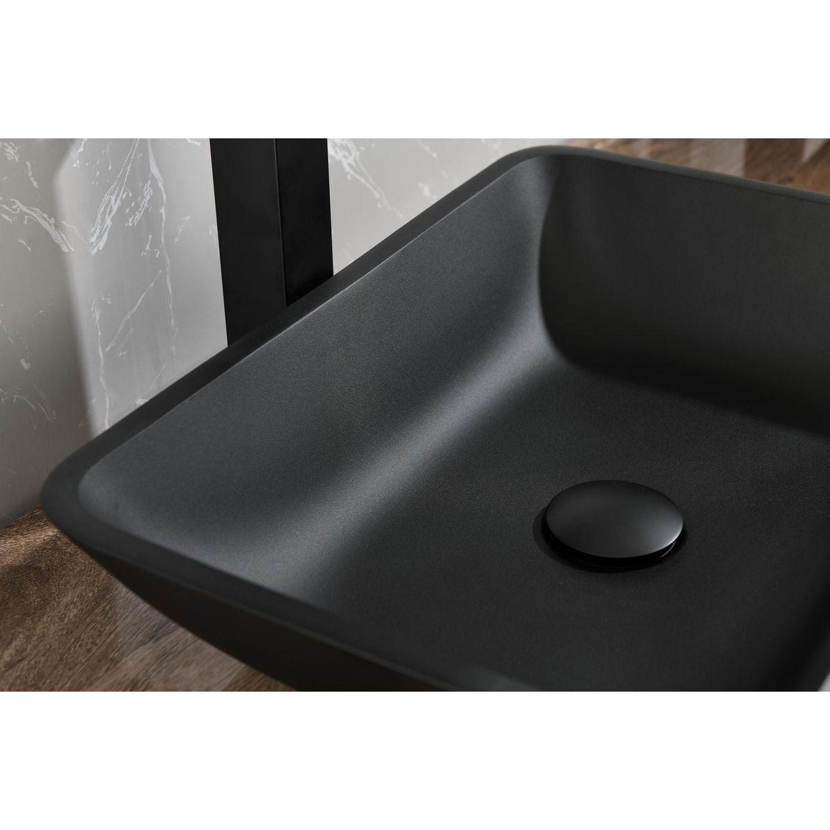 13.0" L -18.13" W -4" H Matte Shell Glass Rectangular Vessel Bathroom Sink in Black with Matte Black Faucet and Pop-Up Drain in Matte Black