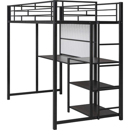 Twin Size Loft Bed with Desk and Whiteboard, Mental Loft Bed with 3 Shelves and Ladder, Black