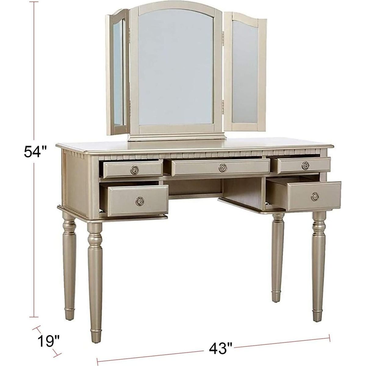 Bedroom Contemporary Vanity Set w Foldable Mirror Stool Drawers Silver Color