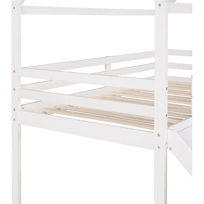 Twin Loft Bed with Slide, House Bed with Slide, White