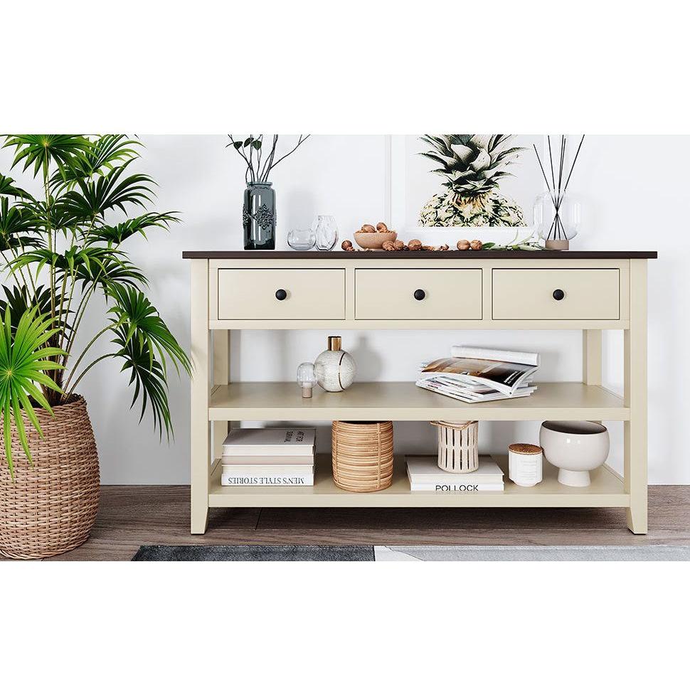 Retro Design Console Table with Two Open Shelves, Pine Solid Wood Frame and Legs for Living Room (Espresso+Beige)