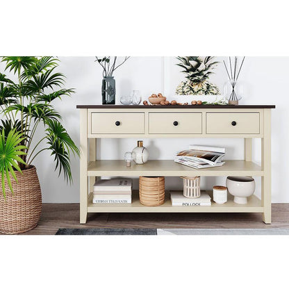 Retro Design Console Table with Two Open Shelves, Pine Solid Wood Frame and Legs for Living Room (Espresso+Beige)
