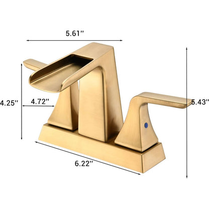 Two Handle 4 Inch Centerset Waterfall Bathroom Sink Faucet, Brushed Golden