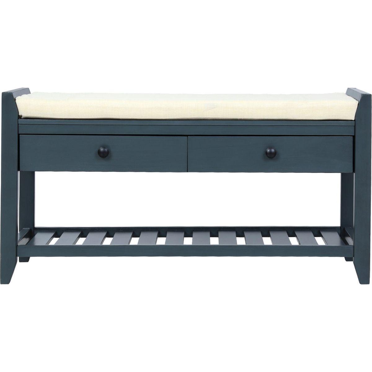 Shoe Rack with Cushioned Seat and Drawers, Multipurpose Entryway Storage Bench (Antique Navy)