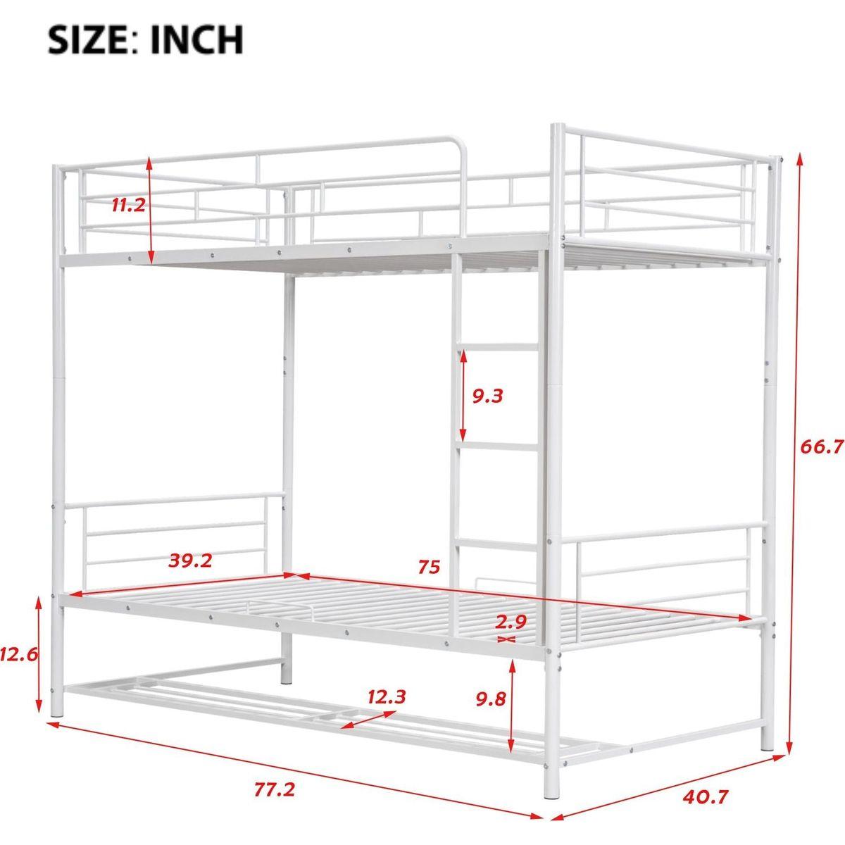 Twin Over Twin Metal Bunk Bed with Shelf and Guardrails, White