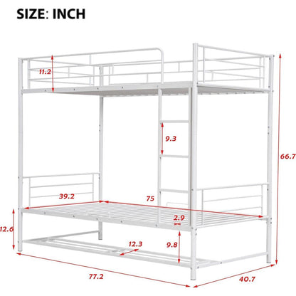 Twin Over Twin Metal Bunk Bed with Shelf and Guardrails, White