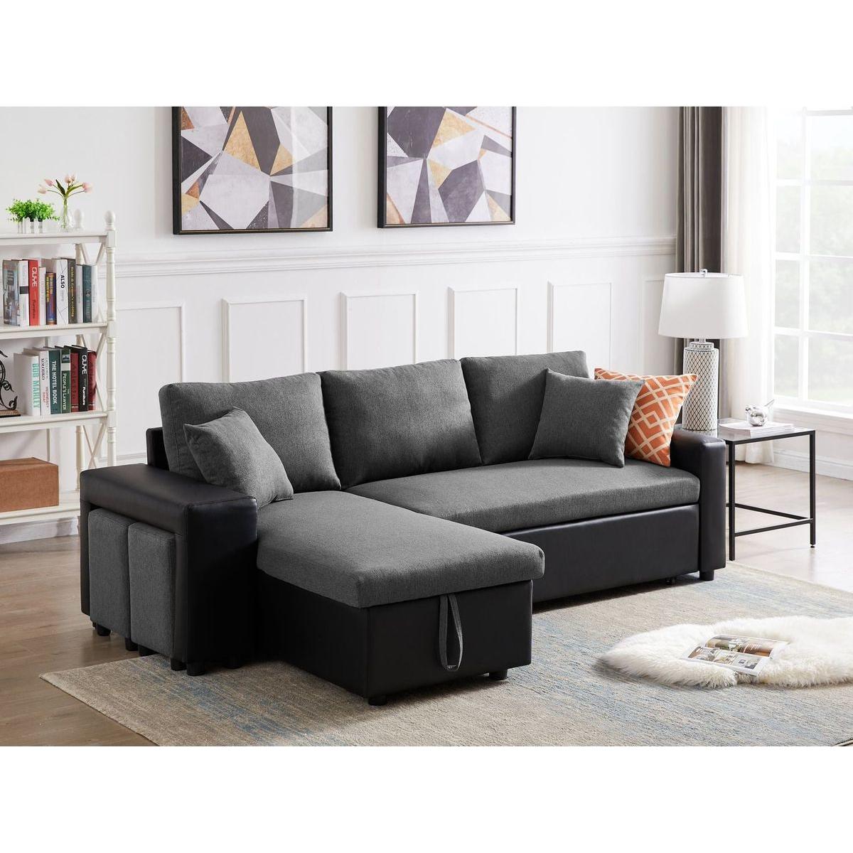 92.5" Linen Reversible Sleeper Sectional Sofa with storage and 2 stools Steel Gray