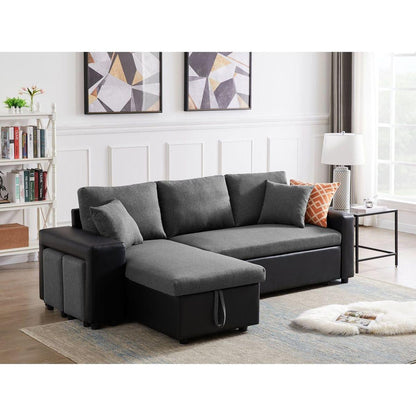 92.5" Linen Reversible Sleeper Sectional Sofa with storage and 2 stools Steel Gray