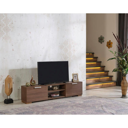 Store April Mid Century Modern Tv Stand 2 Door Cabinets 2 Shelves White 66 inch Tv Unit, Walnut