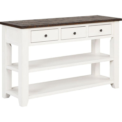 48" Solid Pine Wood Top Console Table, Modern Entryway Sofa Side Table with 3 Storage Drawers and 2 Shelves. Easy to Assemble (Antique White+ Brown Top)