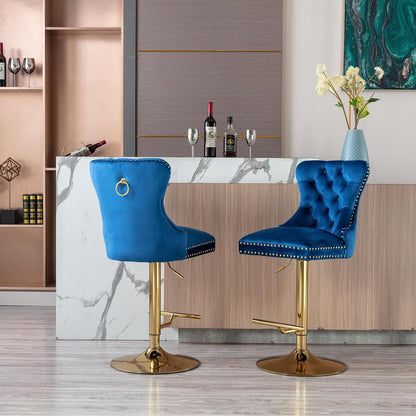 Swivel Bar Stools Chair Set of 2 Modern Adjustable Counter Height Bar Stools, Velvet Upholstered Stool with Tufted High Back & Ring Pull for Kitchen, Chrome Golden Base, Blue