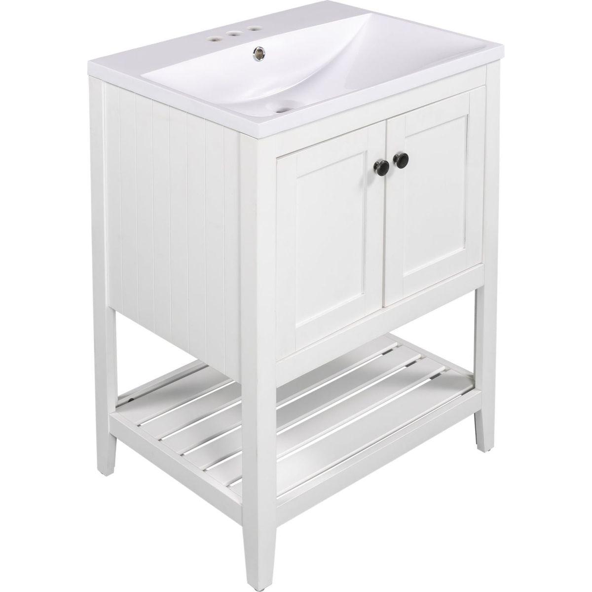 24" White Modern Sleek Bathroom Vanity Elegant Ceramic Sink with Solid Wood Frame Open Style Shelf