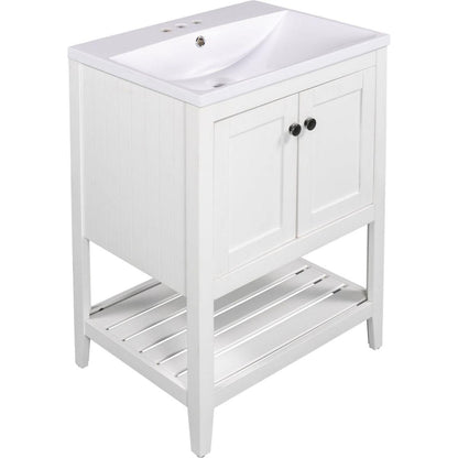 24" White Modern Sleek Bathroom Vanity Elegant Ceramic Sink with Solid Wood Frame Open Style Shelf