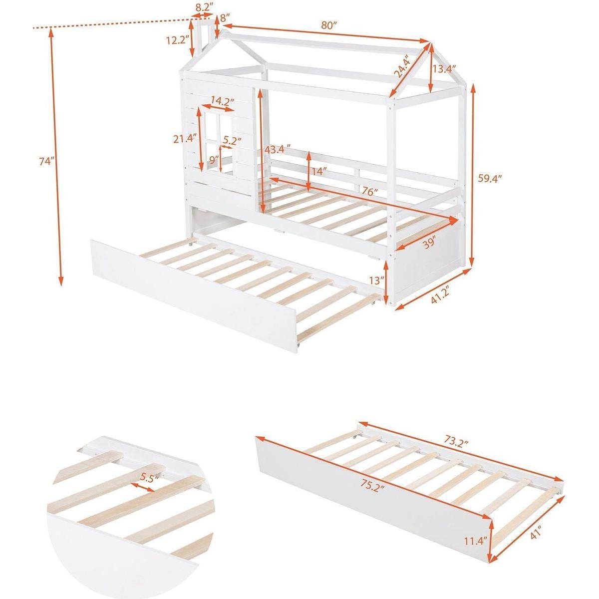 Twin Size House Bed Wood Bed with Twin Size Trundle (White)