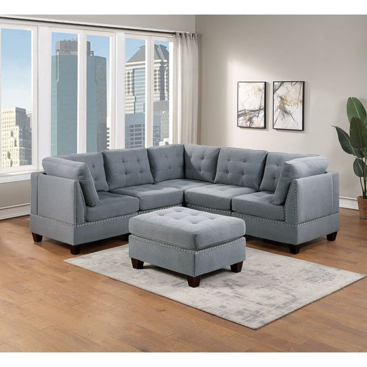 Modular Sectional 6pc Set Living Room Furniture Corner Sectional Tufted Nail heads Couch Gray Linen Like Fabric 3x Corner Wedge 2x Armless Chairs and 1x Ottoman