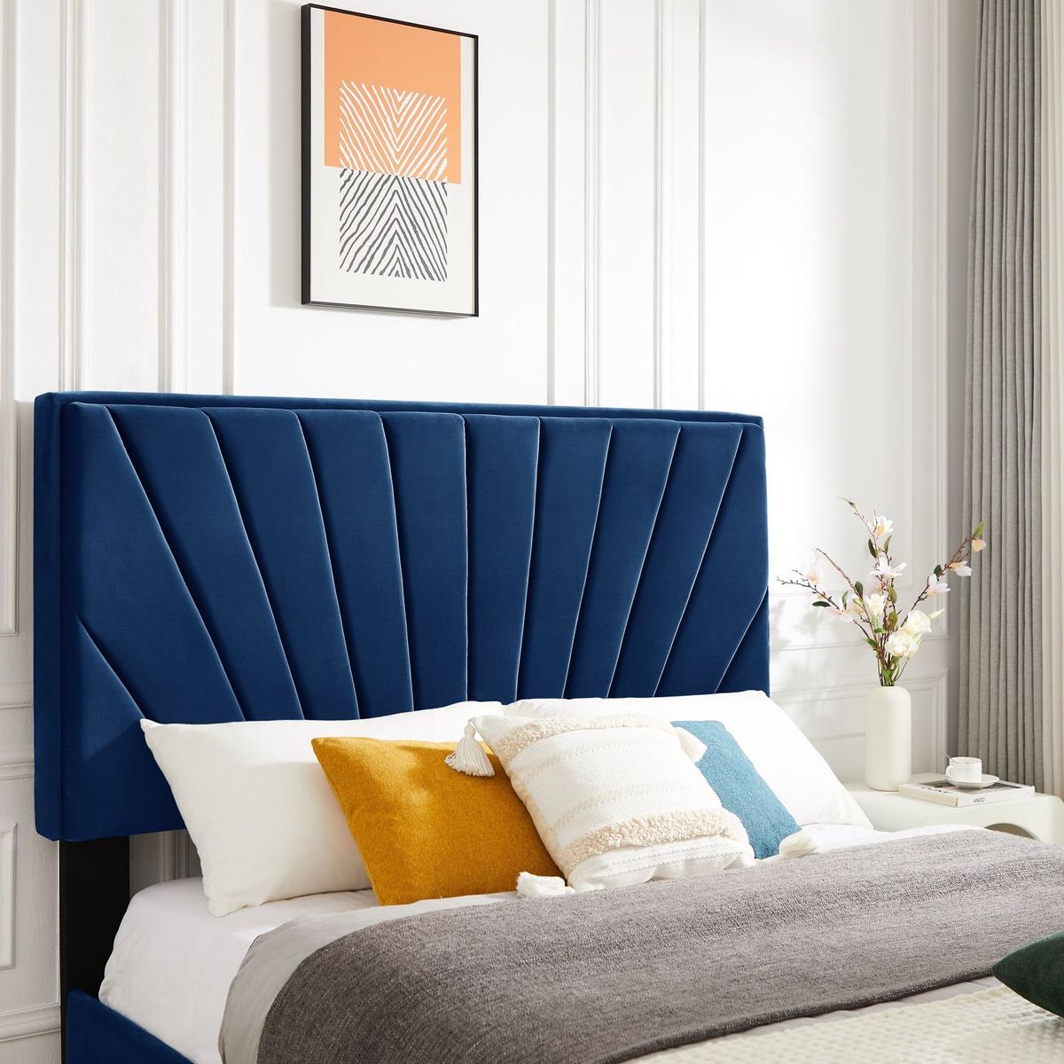 Full bed with two nightstands, Beautiful line stripe cushion headboard, strong wooden slats + metal legs with Electroplate