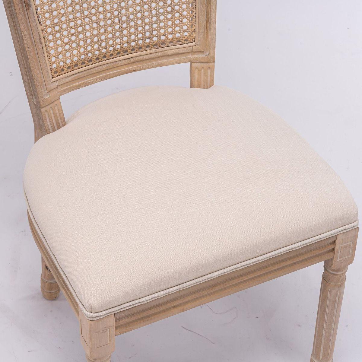 French Style Solid Wood Frame Antique Painting Linen Fabric Square Rattan Back Dining Chair, Set of 2, Cream