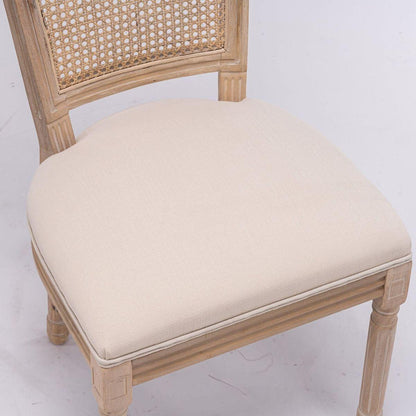 French Style Solid Wood Frame Antique Painting Linen Fabric Square Rattan Back Dining Chair, Set of 2, Cream