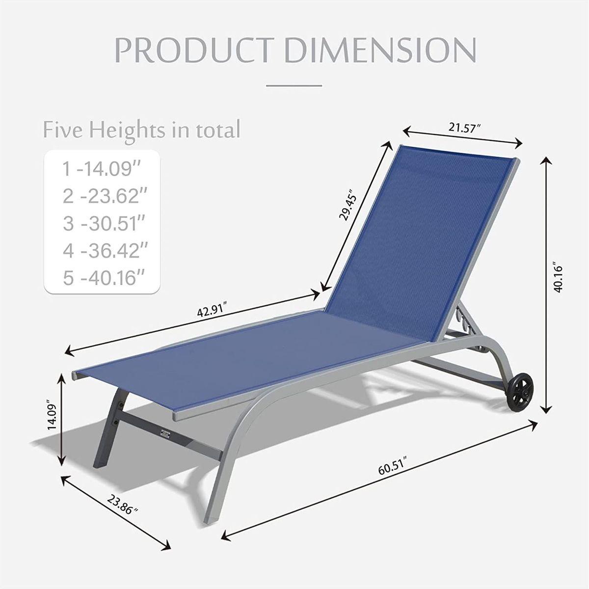 Chaise Lounge Outdoor Set of 2, Lounge Chairs for Outside with Wheels, Outdoor Lounge Chairs with 5 Adjustable Position, Pool Lounge Chairs for Patio, Beach, Yard, Deck, Poolside (Blue, 2 Lounge Chair)